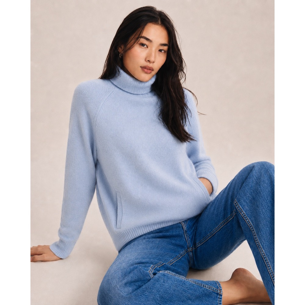 Max Studio Womens‎ Light Blue 100% Cashmere Turtleneck Sweater Pockets L NWOT